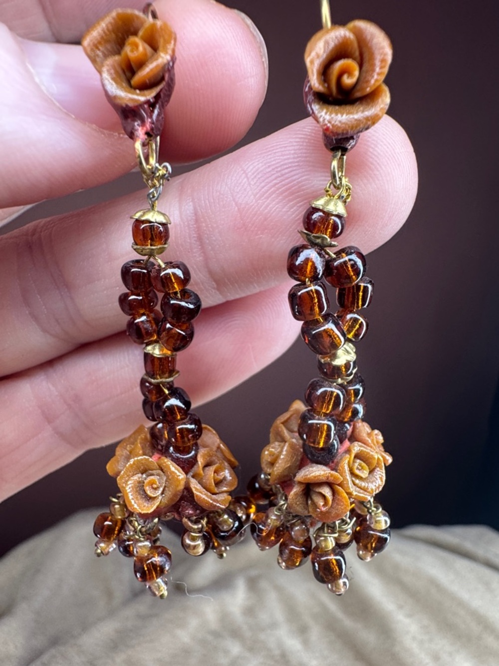 Vintage Brown Rose Cluster Beaded Drop Earrings - Fashion Jewelry